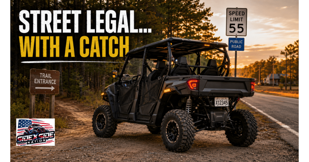Street-legal side-by-side UTV parked near a South Carolina trail entrance and public road, highlighting new UTV road-use rules and restrictions.