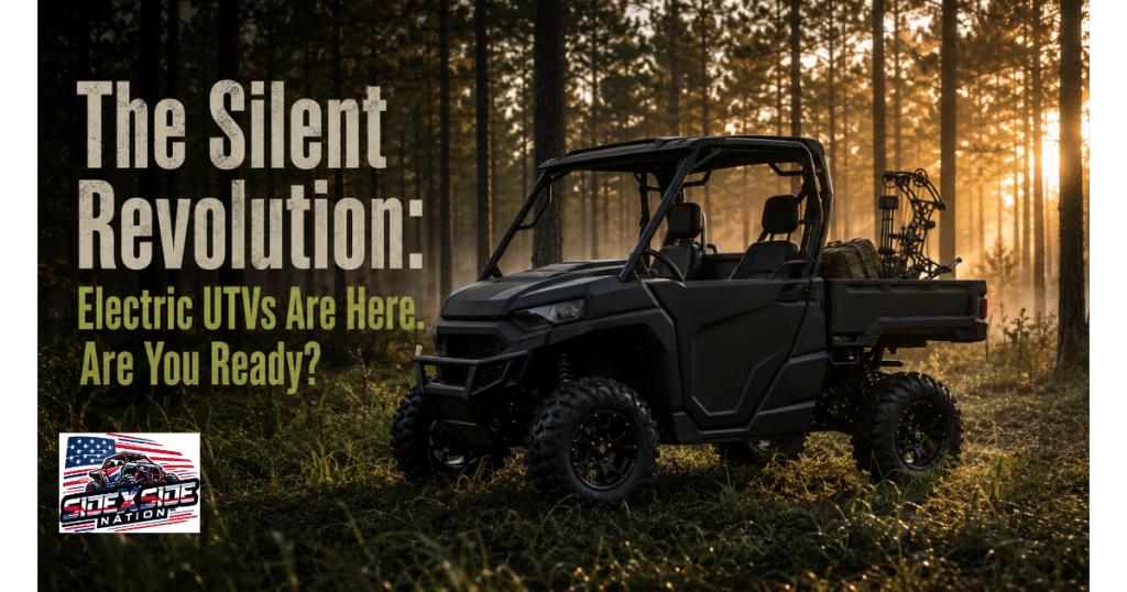 Electric UTV parked in a misty pine forest at sunrise with hunting gear in the bed, showing the quiet future of off-road vehicles.