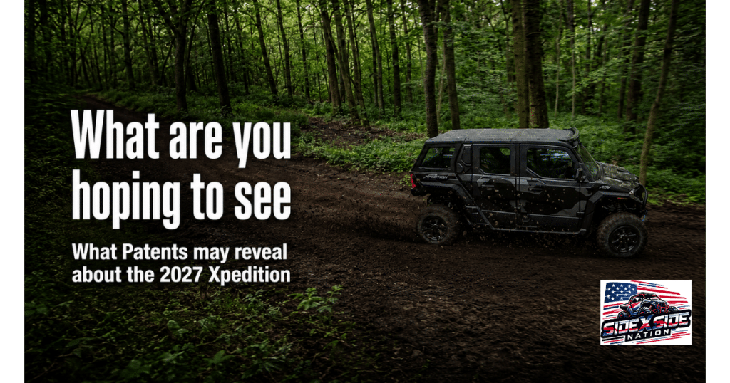 Black Polaris XPEDITION ADV driving through a muddy forest trail, with text about desired 2027 features and what Polaris patents may reveal.