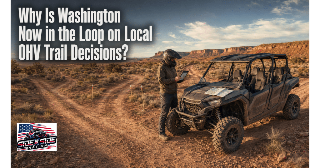 Helmeted rider reviews a trail map beside a four-seat UTV at a desert trail junction as Washington adds oversight to local OHV decisions.