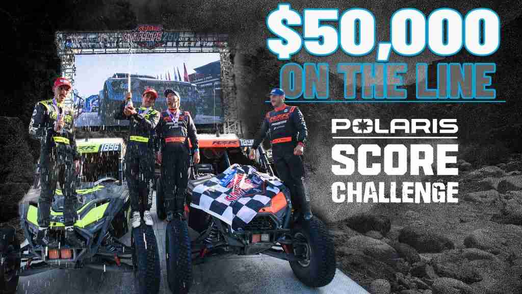 RZR Factory Racing drivers celebrating beside two race UTVs under a Polaris SCORE Challenge graphic announcing $50,000 on the line.
