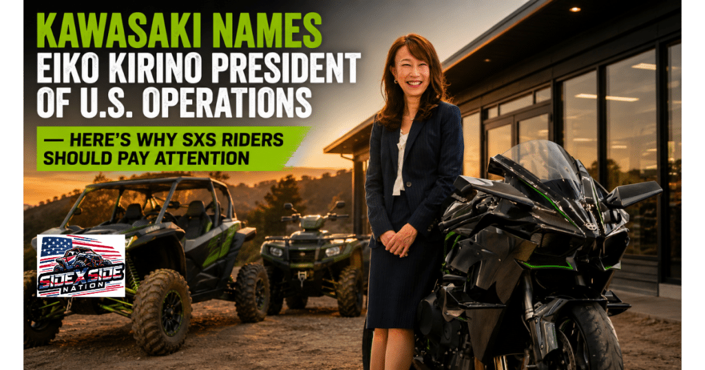 Kawasaki USA president announcement graphic with powersports vehicles, sport motorcycle, side-by-side, and ATV.