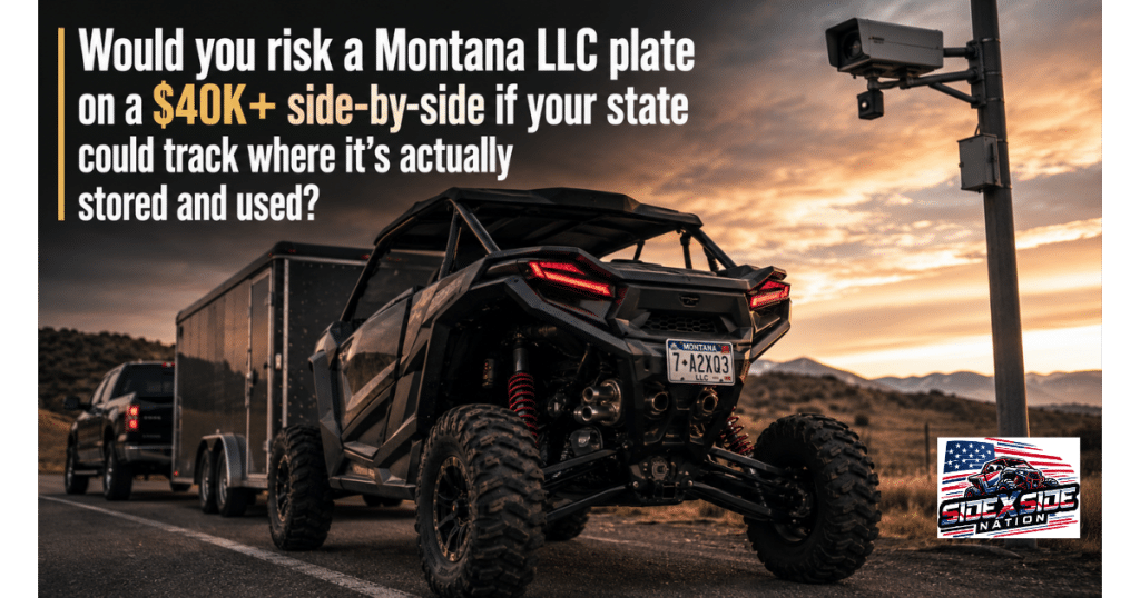 High-end side-by-side UTV with Montana-style plate parked near a license plate reader camera at dusk.