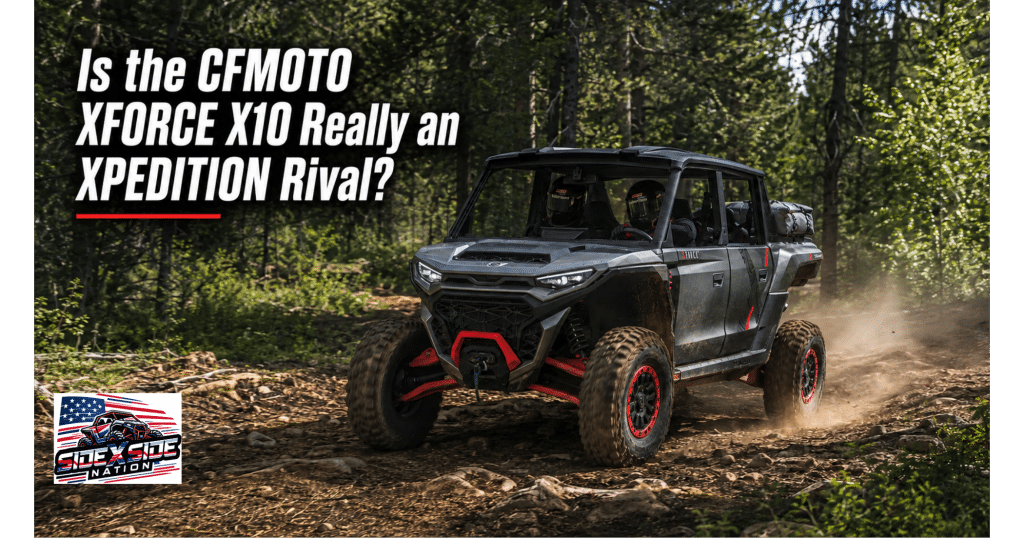2027 CFMOTO XFORCE X10-4 driving across a rocky forest trail with two helmeted riders and secured trail cargo.