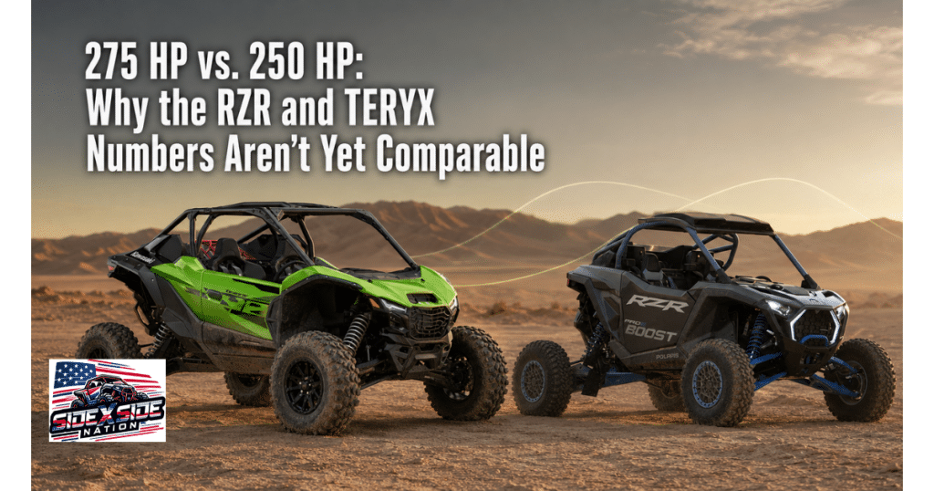 Green 2027 Kawasaki TERYX H2 and gray 2027 Polaris RZR Pro R Boost parked side by side in a desert for a horsepower comparison.