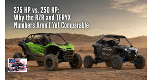 Green 2027 Kawasaki TERYX H2 and gray 2027 Polaris RZR Pro R Boost parked side by side in a desert for a horsepower comparison.