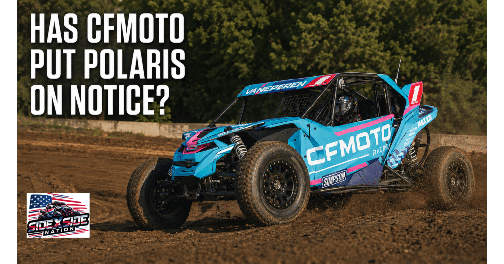 VanEperen Racing CFMOTO Z10 powers through a dirt corner beneath the headline “Has CFMOTO Put Polaris on Notice?”