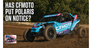 VanEperen Racing CFMOTO Z10 powers through a dirt corner beneath the headline “Has CFMOTO Put Polaris on Notice?”