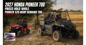 Hero Red 2027 Honda Pioneer 520 and Black Forest Green Pioneer 700-4 Deluxe travel a rural property trail, with a headline noting unchanged Pioneer 700 pricing and the Pioneer 520 MSRP remains TBD.
