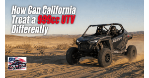Polaris RZR Pro R driving across a California-style desert beneath a headline asking how the state treats a 999cc UTV differently.