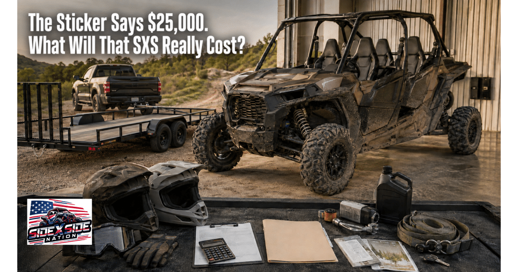 Four-seat SXS beside a tow vehicle and trailer, with helmets, calculator, insurance papers, maintenance supplies and tie-down gear.